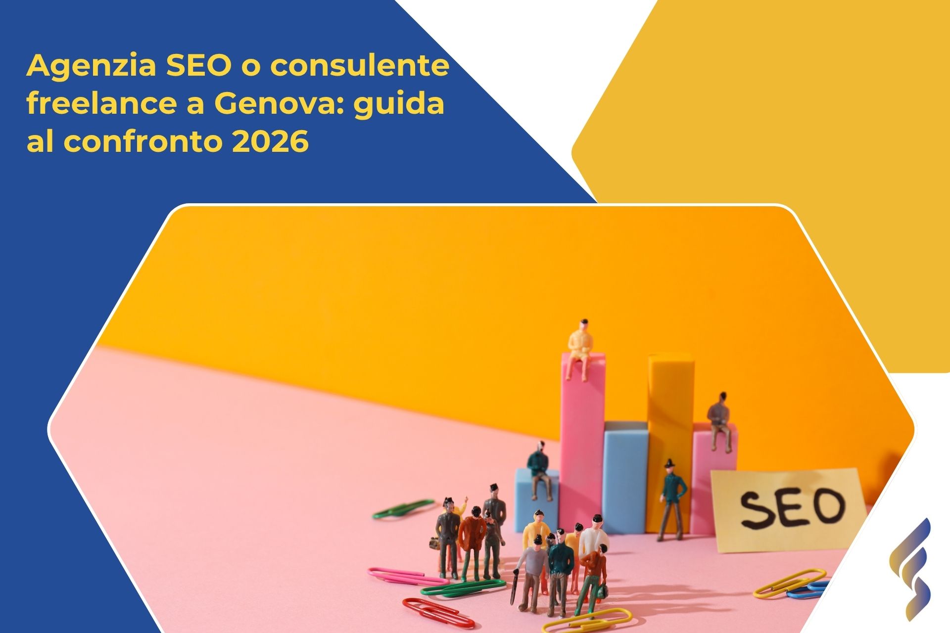 Miniature di persone su grafici colorati con cartello SEO – agenzia o consulente SEO a Genova